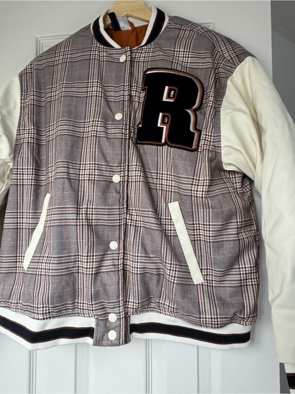 H&M Plaid Bomber Jacket with Cream Sleeves and Black 'R' Patch
